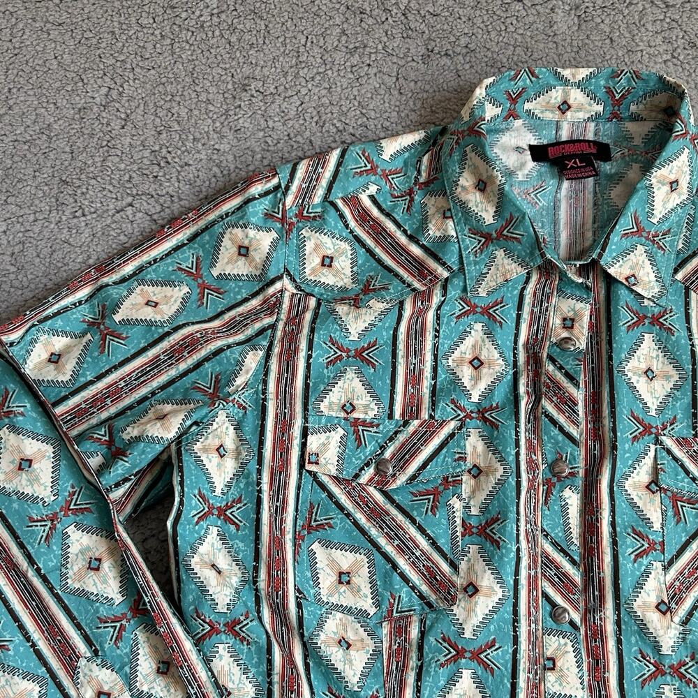 Rock & Roll Cowboy Shirt Mens Large Blue Aztec Snap Front Modern Fit Long Sleeve - Picture 4 of 16